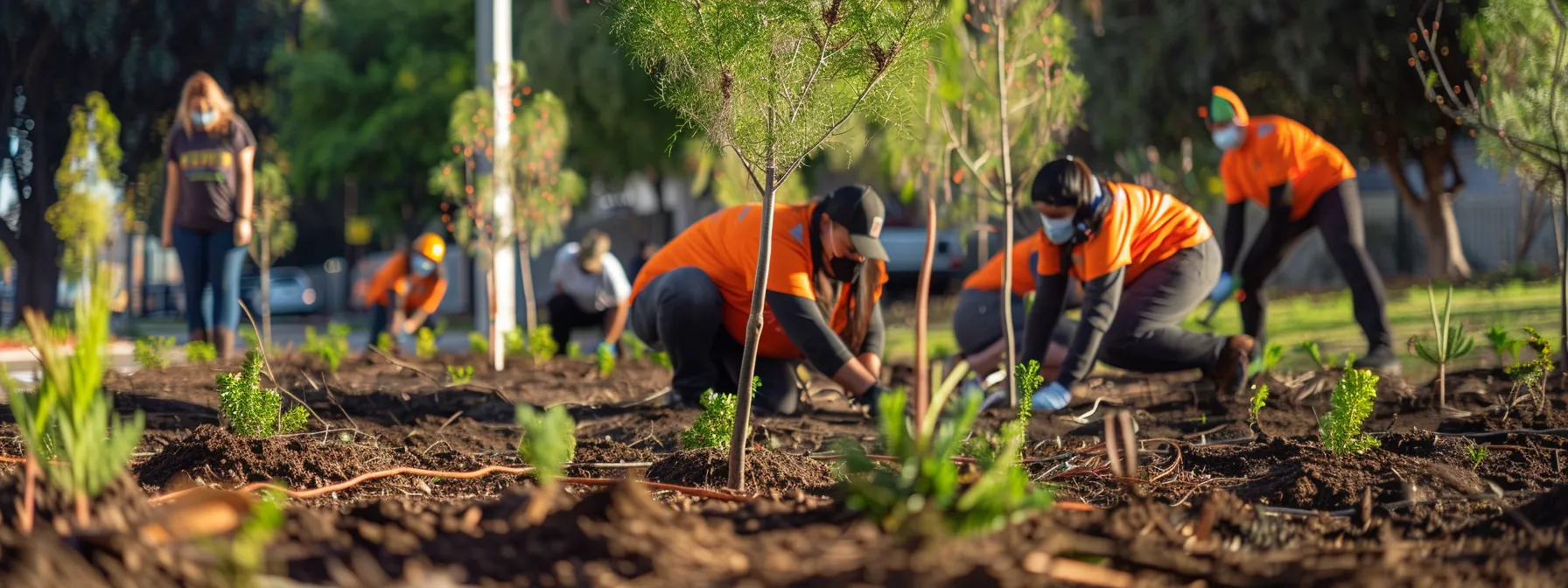 A Group Of Move Central Employees Planting Trees In A Vibrant Los Angeles Community Park.