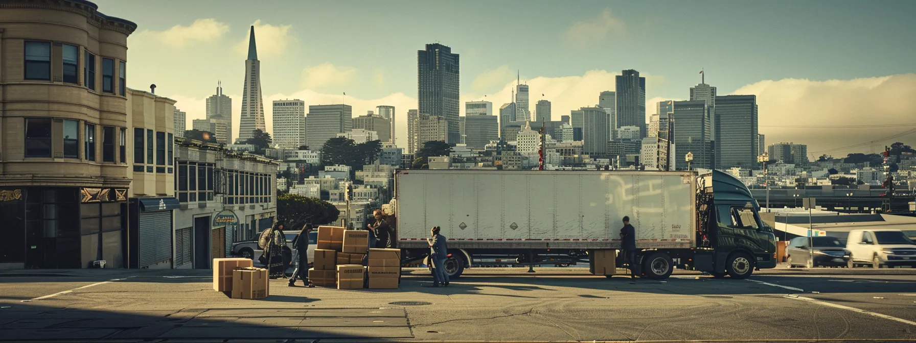 A Group Of Movers Carefully Loading Boxes Onto A Truck In Front Of The Iconic Skyline Of Downtown San Francisco.