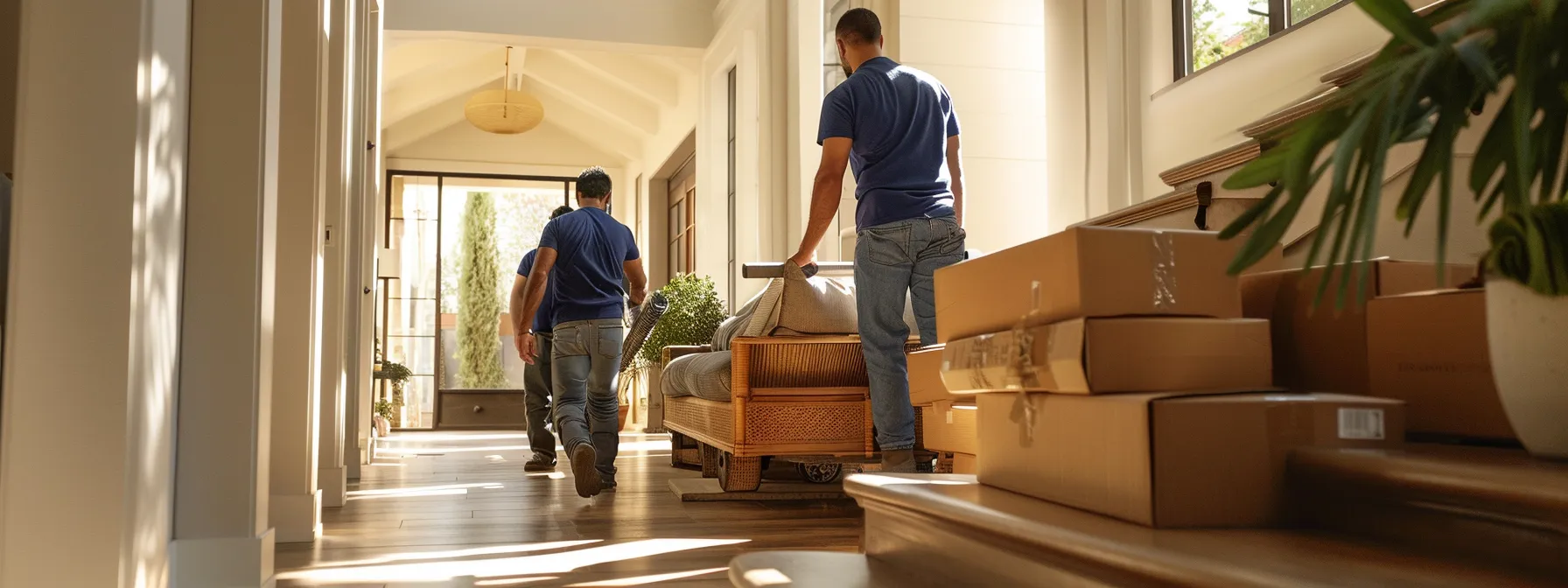 A Group Of Movers Carefully Transporting A Luxurious Sofa Down A Narrow Staircase In A Modern La Home, Showcasing Their Expertise And Attention To Detail.