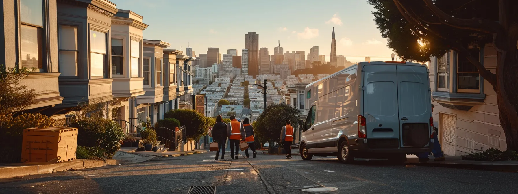 A Group Of Movers Carefully Navigating A Steep, Winding San Francisco Street With The City Skyline In The Background, Showcasing The Challenges Of Cross-Country Moving In This Hilly Urban Environment.