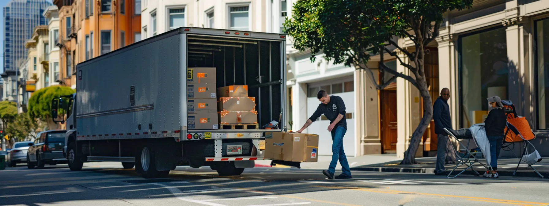 A Group Of Movers Carefully Loading Furniture Into A Modern Moving Truck Parked In Downtown San Francisco, Showcasing Efficiency And Professionalism.