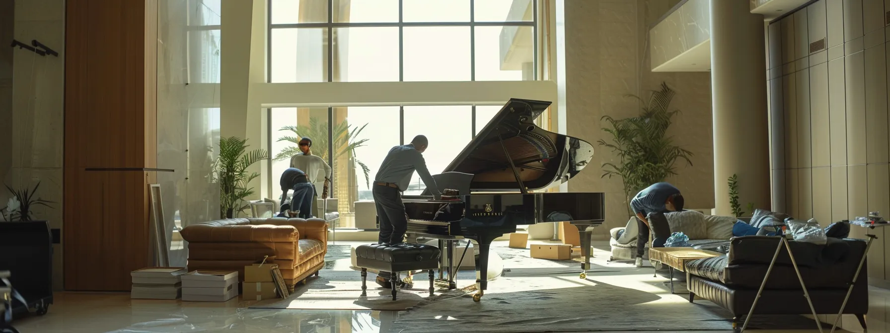 A Group Of Movers Carefully Transporting A Grand Piano Through A Modern Apartment In Irvine, Ca.