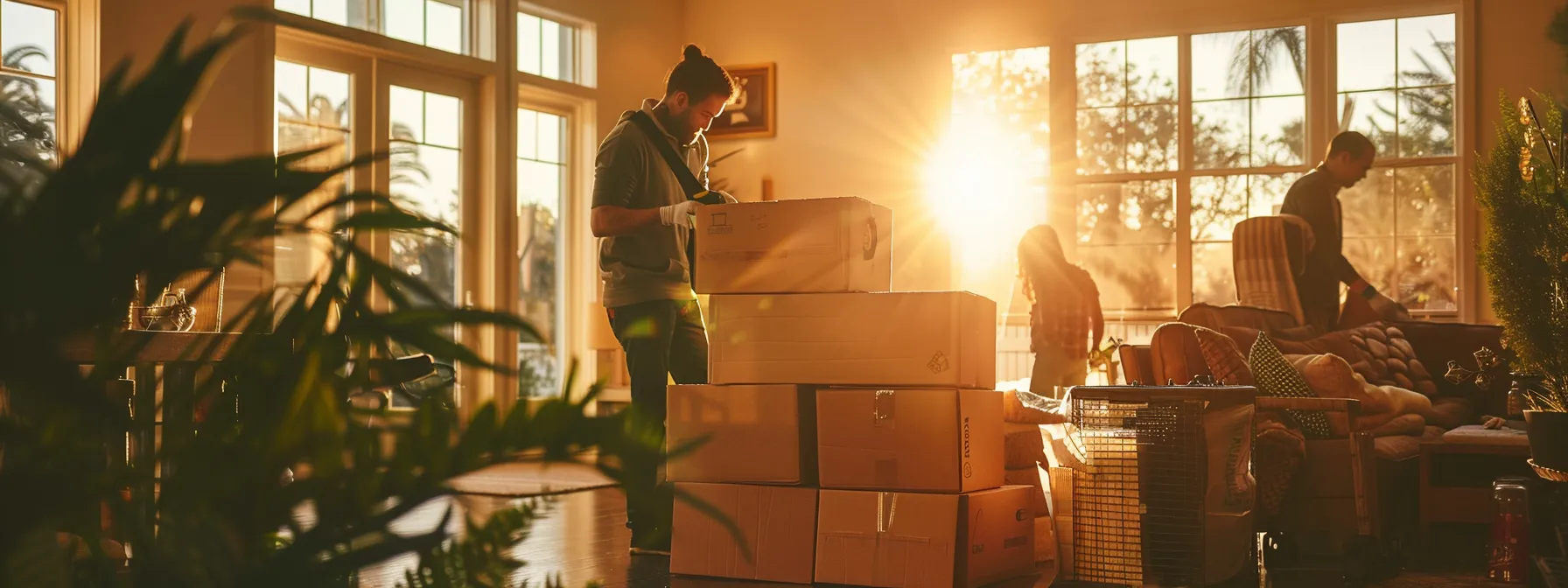 A Group Of Movers Carefully Packing Household Items Into Labeled Boxes In A Spacious Irvine, Ca Home, With The Sun Shining Through The Open Windows, Showcasing The Meticulous Attention To Detail And Organization Required For A Successful Move.