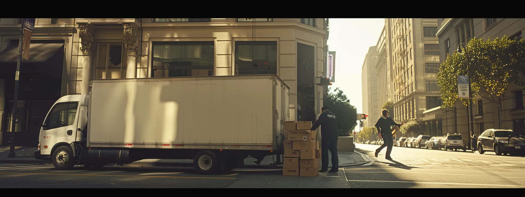 A Group Of Movers Carefully Loading Labeled Boxes Onto A Sleek Moving Truck In Downtown San Francisco.