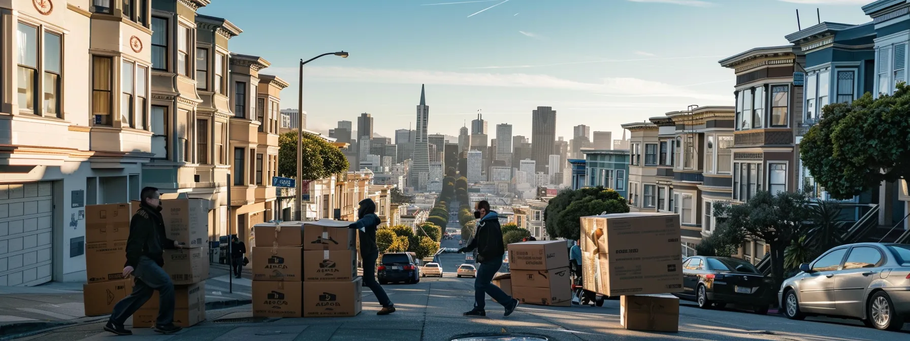 A Group Of Movers Carrying Heavy Boxes Up A Steep San Francisco Street, With The Iconic Cityscape In The Background.