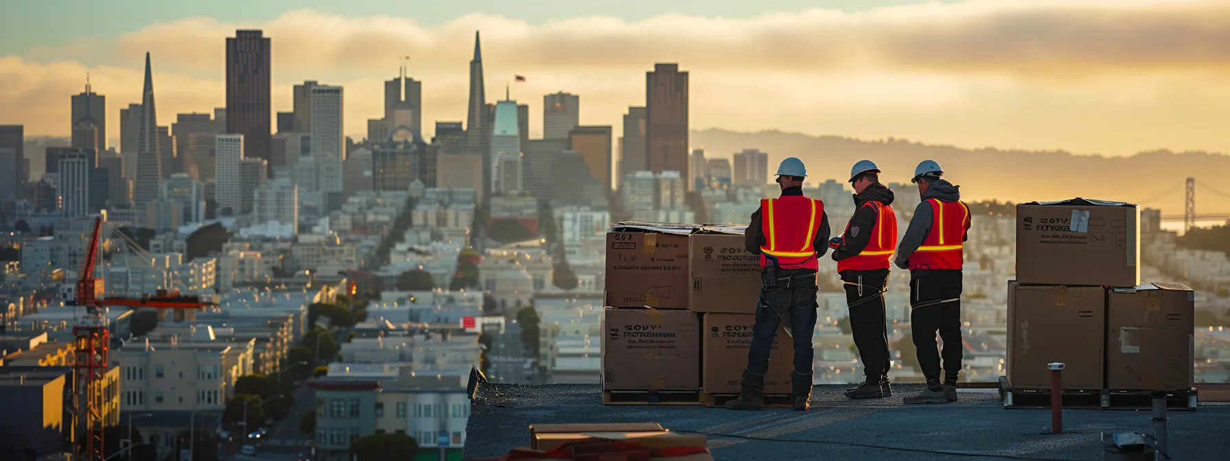 A Group Of Movers In Downtown San Francisco, Showcasing Their Professional Equipment And Certifications While Discussing Their Experience In Long Distance Logistics, Against The Backdrop Of The City Skyline.