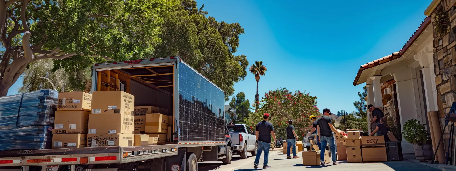 A Group Of Movers In Orange County Loading Eco-Friendly Moving Boxes Into A Solar-Powered Truck, Surrounded By Lush Greenery And Clear Blue Skies.