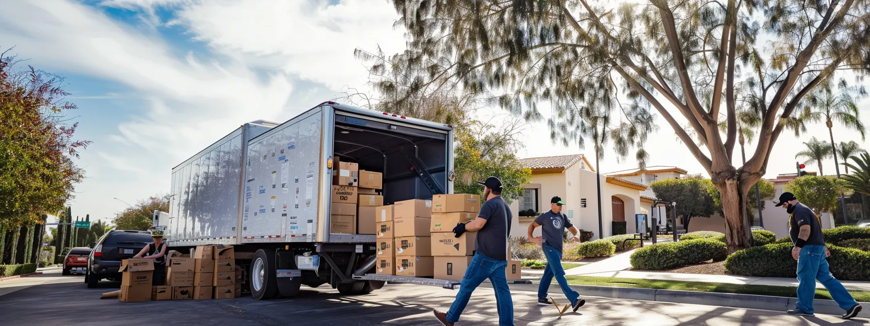 A Group Of Movers In Orange County Carefully Loading Boxes And Furniture Into A Sunny Moving Truck In Irvine, Ca.