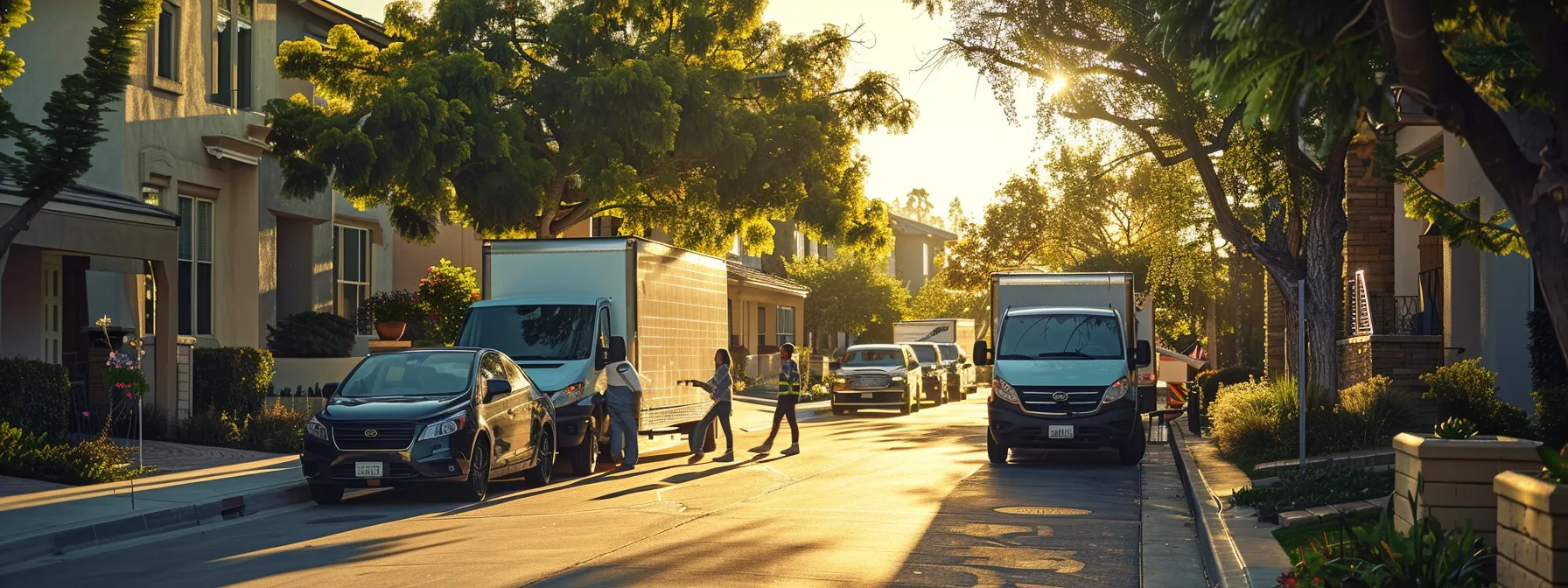 A Group Of Movers Loading Energy-Efficient Moving Trucks With Solar Panels In A Bustling Orange County Neighborhood, Showcasing Their Commitment To Sustainability.