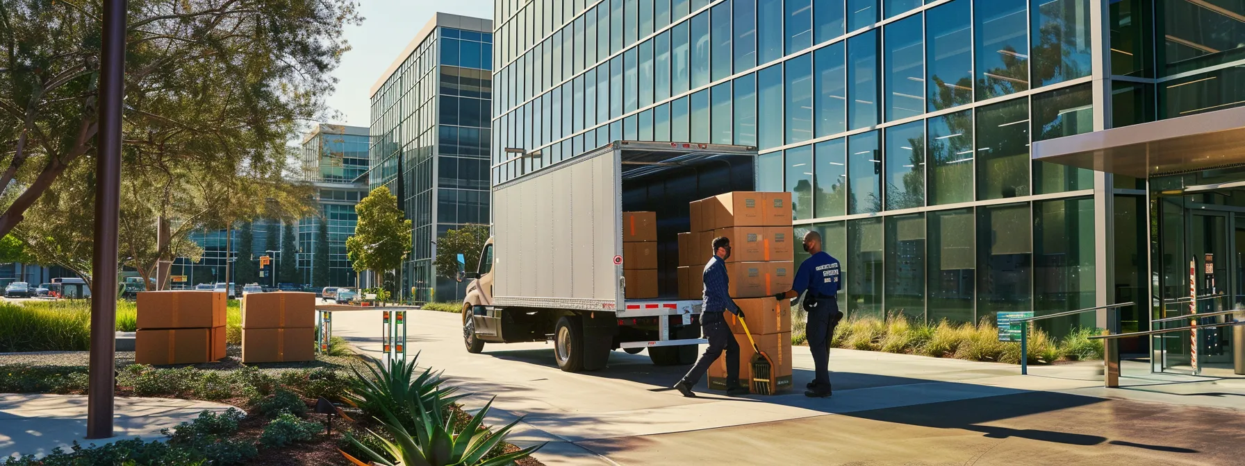 A Group Of Movers Unloading Boxes From A Truck Outside A Modern Office Building In Irvine, Ca, Showcasing Efficient Logistics And Community Support.