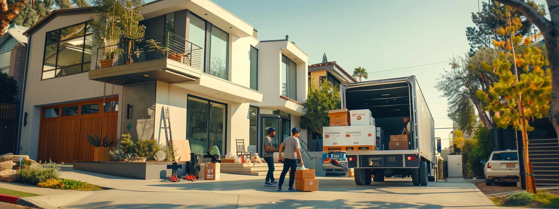 A Group Of Movers Unloading A Truck Filled With Recyclable Materials And Eco-Friendly Moving Boxes In Front Of A Modern Los Angeles Home.