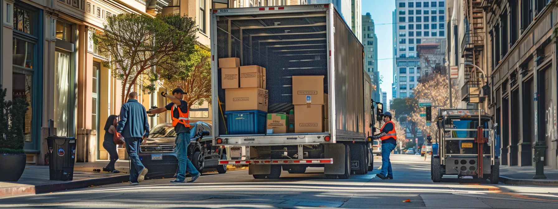 A Group Of Professional Long Haul Movers Carefully Loading Furniture Onto A Moving Truck In Downtown San Francisco.