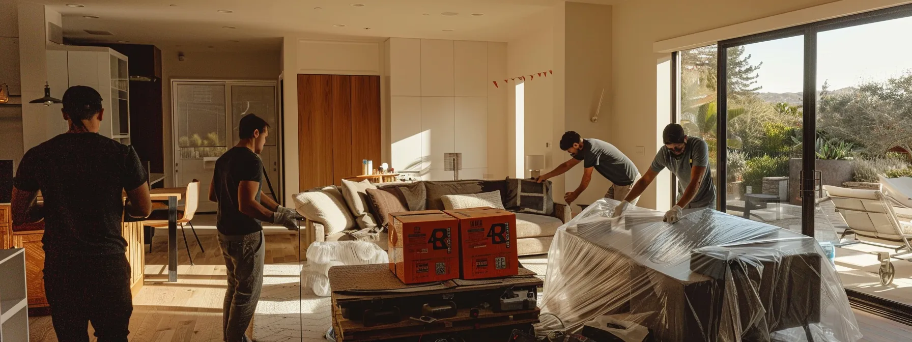 A Group Of Professional Movers Carefully Wrapping Furniture In Bubble Wrap And Securing It With Tape In A Modern Orange County Home, Showcasing Efficiency And Expertise In The Relocation Process.