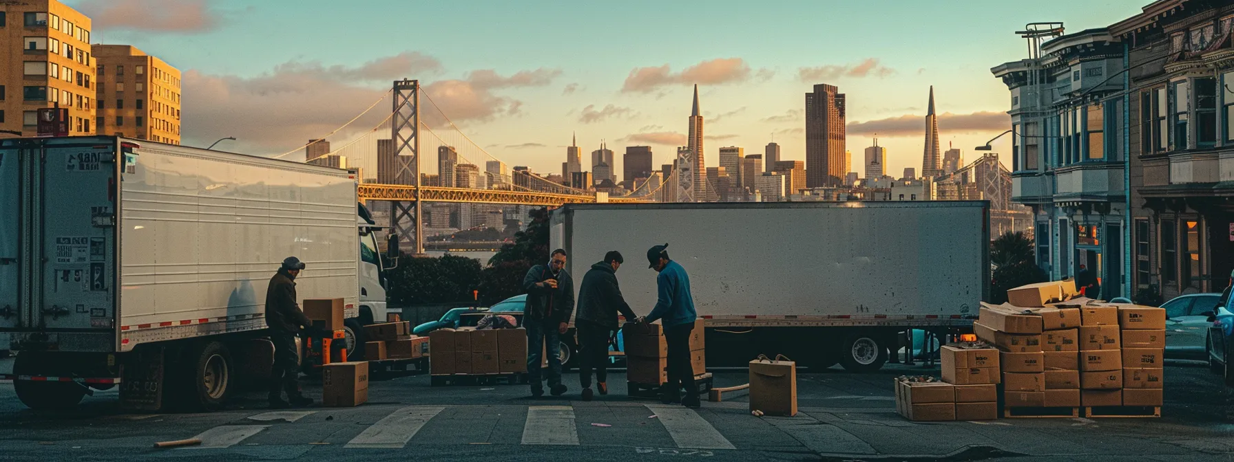 A Group Of Professional Movers In San Francisco Carefully Loading Boxes Onto A Moving Truck, With The Iconic City Skyline In The Background.