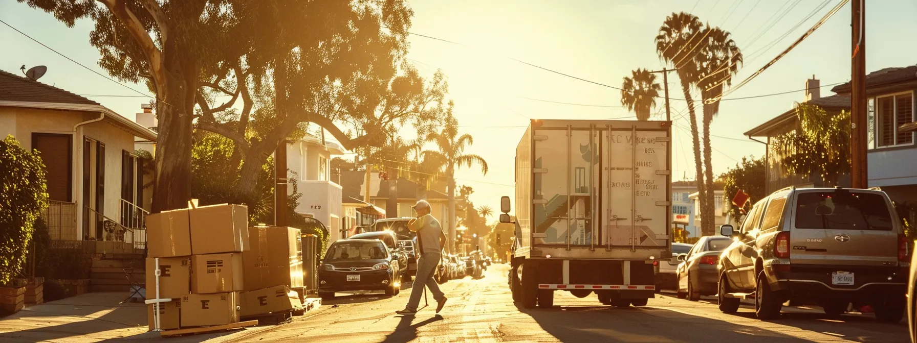 A Group Of Professional Movers Carefully Transporting Furniture Through A Sunny La Neighborhood, With A Moving Truck Parked Nearby.