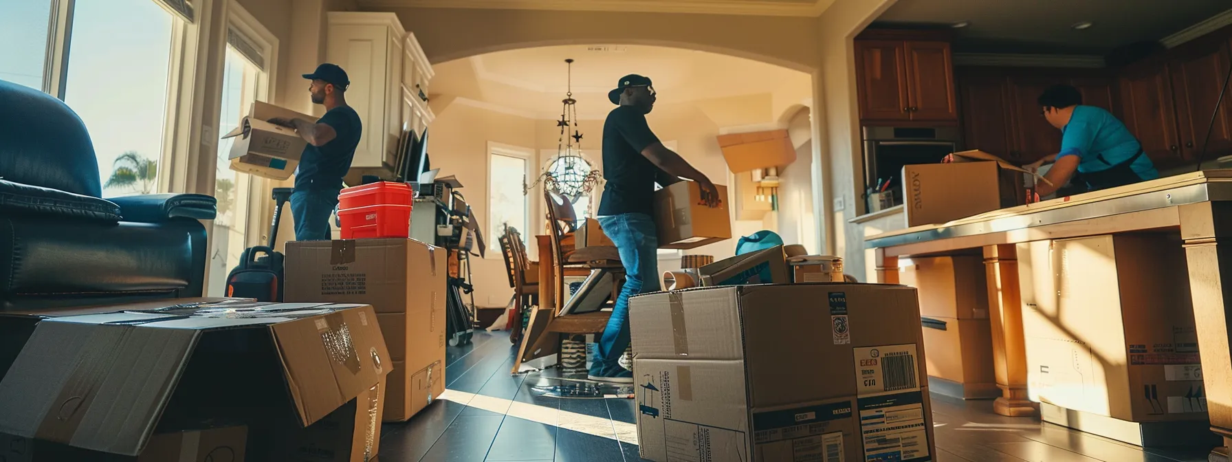 A Group Of Professional Movers Carefully Packing Up A Home In A Hurry Amid Stacks Of Moving Boxes, Showcasing The Urgency And Stress Of Last-Minute Moving In Irvine, Ca.