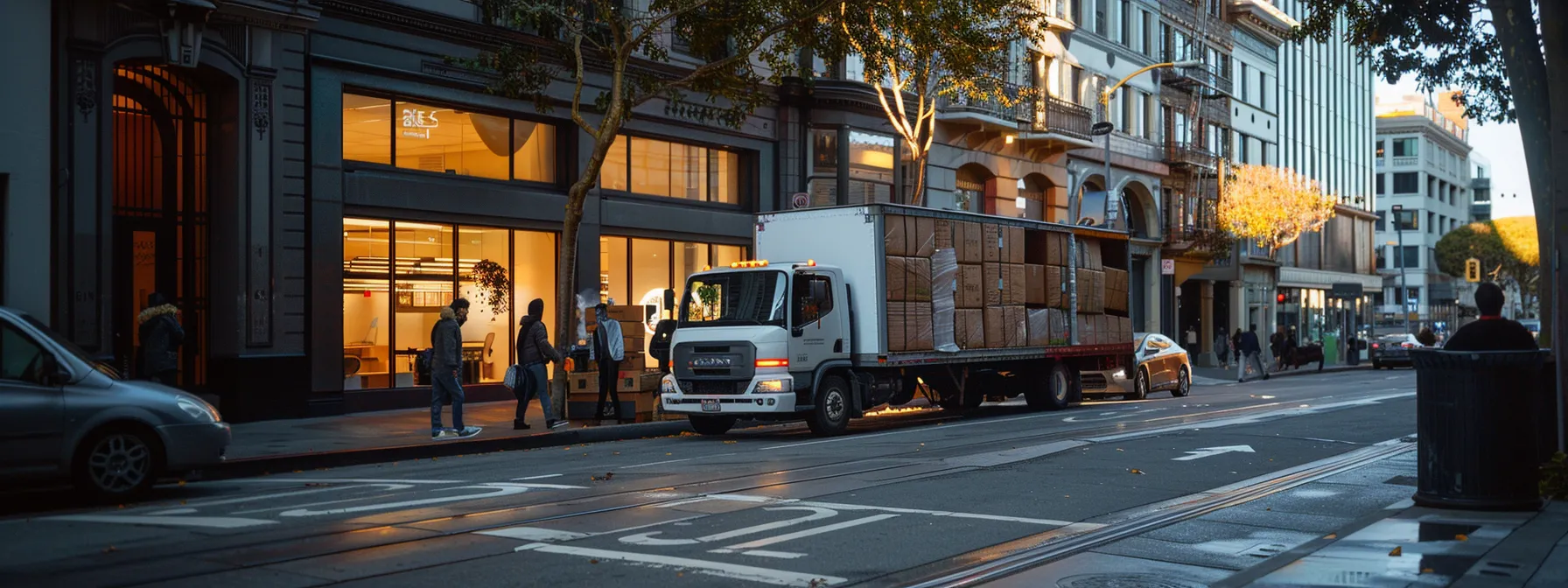 A Group Of Professional Movers In San Francisco's Bustling Downtown Area, Packing And Loading Office Furniture Into A Moving Truck With Precision And Efficiency.