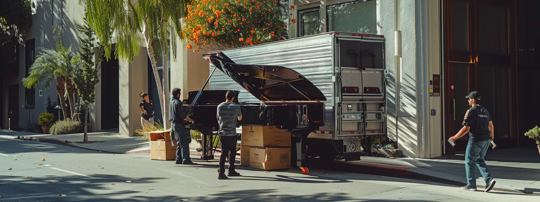 A Group Of Professional Movers Carefully Loading A Sleek Black Piano Into A Moving Truck In Sunny Los Angeles.