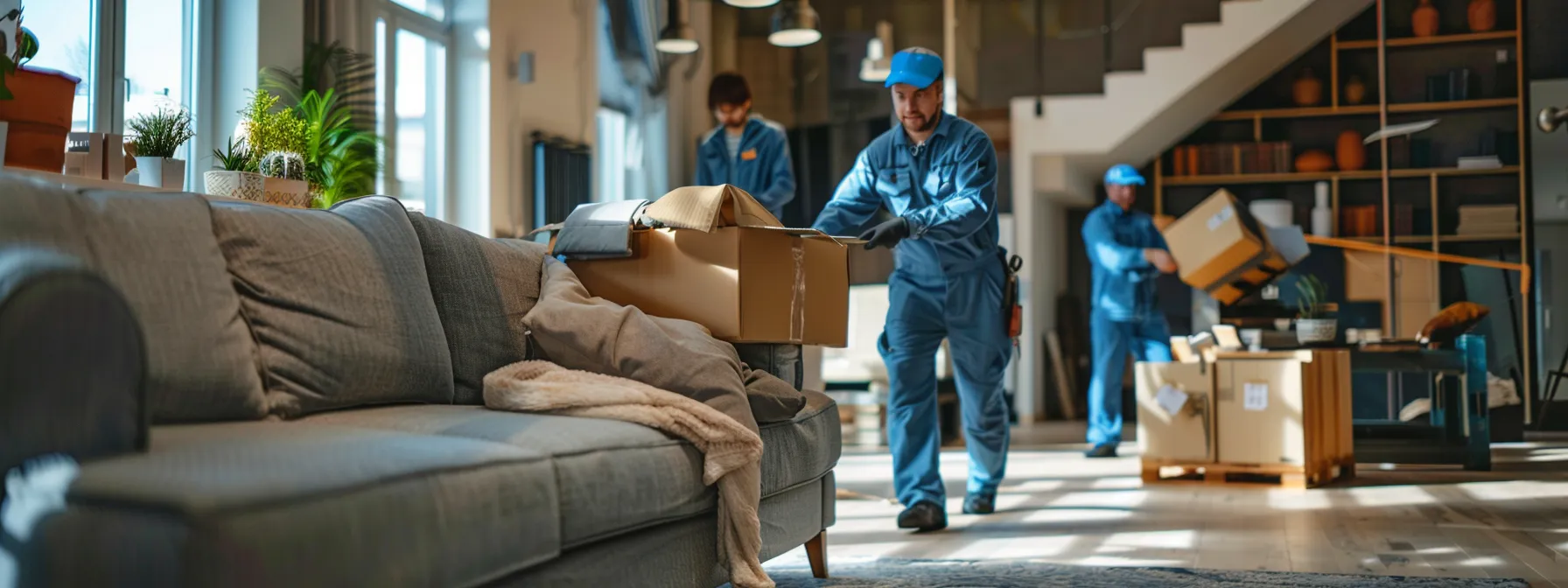 A Group Of Professional Movers Carefully Transporting A Luxurious Sofa Through A Spacious, Modern Living Room.