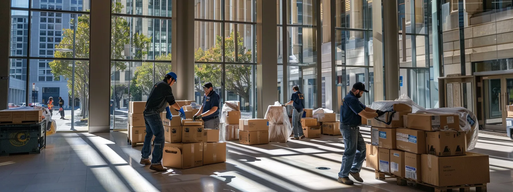 A Group Of Professional Office Movers Expertly Handling Desks And Office Equipment With Precision In The Bustling Cityscape Of Downtown San Francisco.