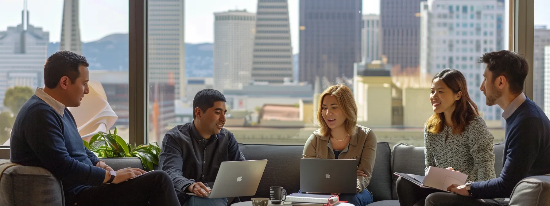 A Group Of Professionals Coordinating The Logistics Of A Business Relocation In Downtown San Francisco, Under The Bustling City Skyline.