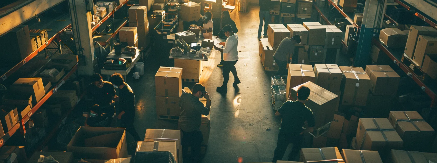 A Group Of Professionals In A Busy Packaging Facility In Los Angeles, Collaborating To Create Customized Packaging Solutions For Various Businesses.