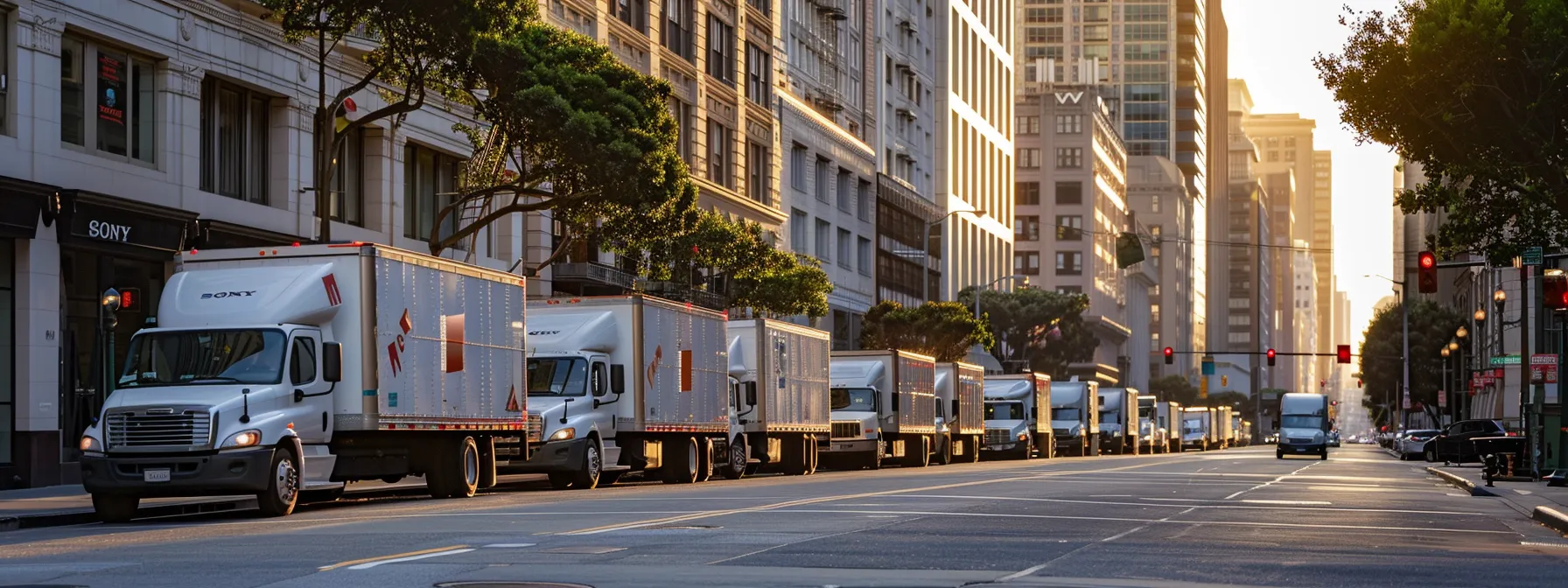 A Line Of Sleek, Modern Moving Trucks Parked In Downtown San Francisco, Showcasing The Top Commercial Movers In The Area With Their Company Logos Visible.