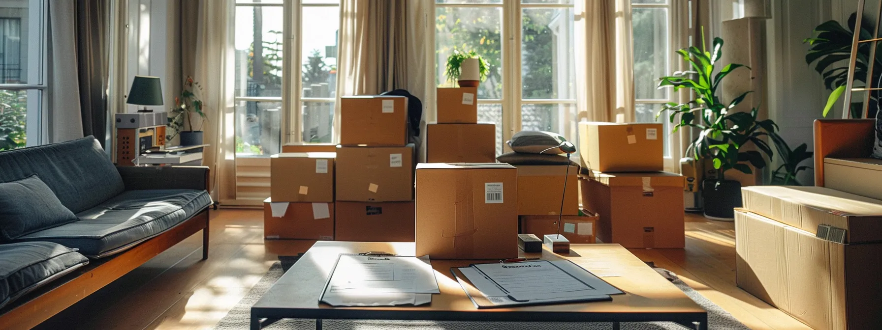 A Living Room Filled With Labeled Moving Boxes, A Checklist, And A Contract Laid Out On The Table, Ready For The Final Steps Before Moving Day.