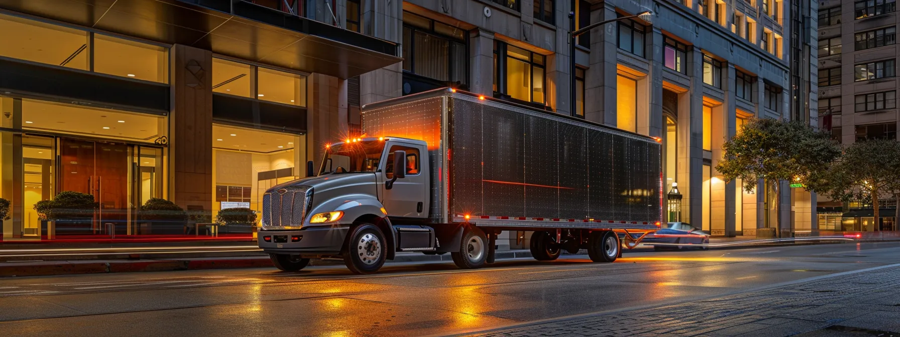 A Modern Moving Truck Parked In Downtown San Francisco, Equipped With State-Of-The-Art Security Features And Specialized Equipment To Handle Valuable Assets During Office Relocations.