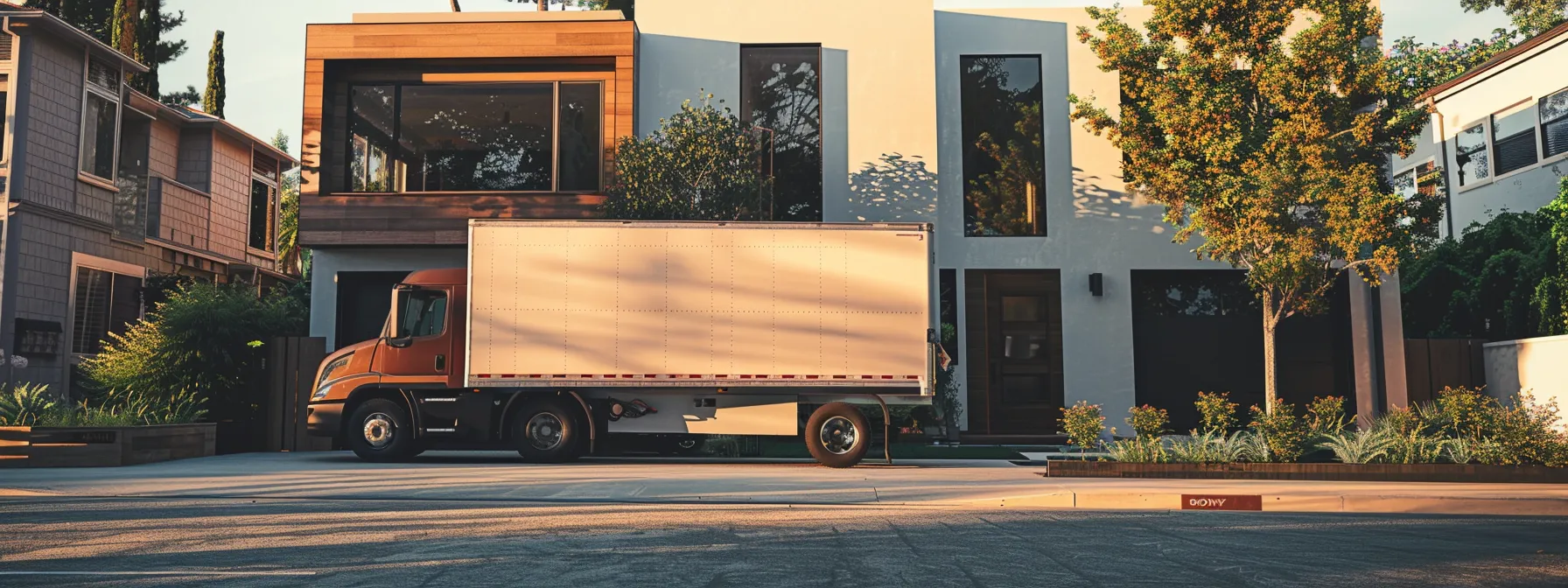 A Modern Moving Truck Parked In Front Of A Stylish La Home, Symbolizing Quality Moving Services At Affordable Rates.