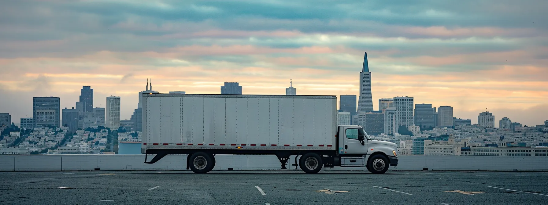 A Modern Moving Truck Parked In Downtown San Francisco With The City Skyline In The Background.