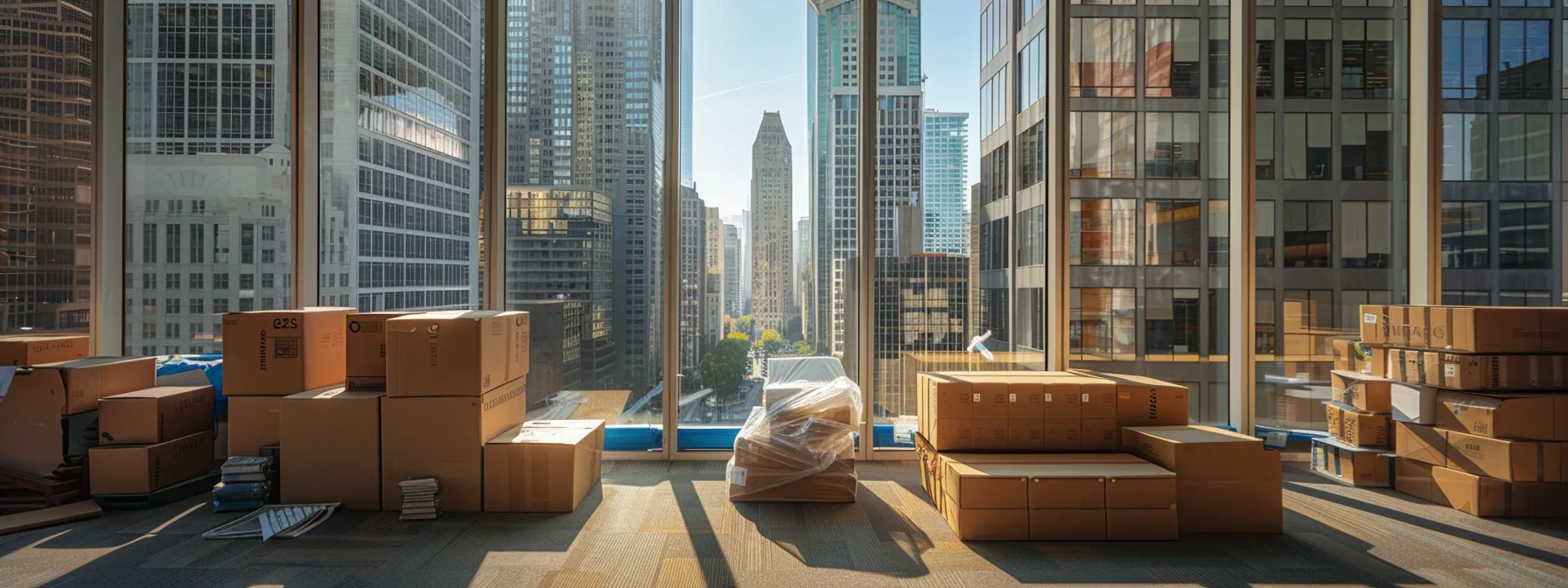 A Modern Office Space Being Carefully Packed And Labeled For A Move, With Tall Skyscrapers And Cityscape Visible Through The Window In Downtown San Francisco.