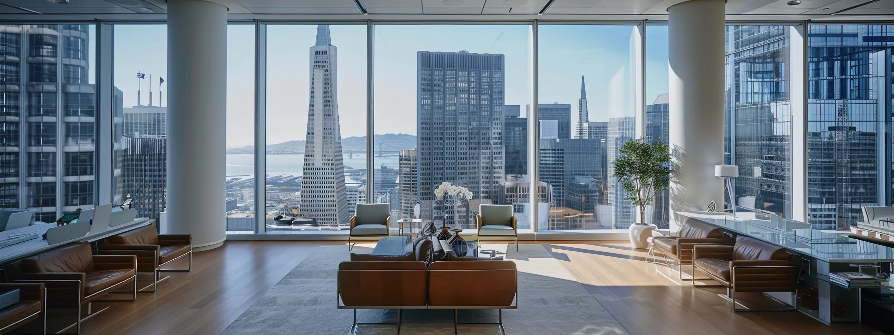 A Modern Office Space In Downtown San Francisco With Sleek Furniture And Panoramic City Views.