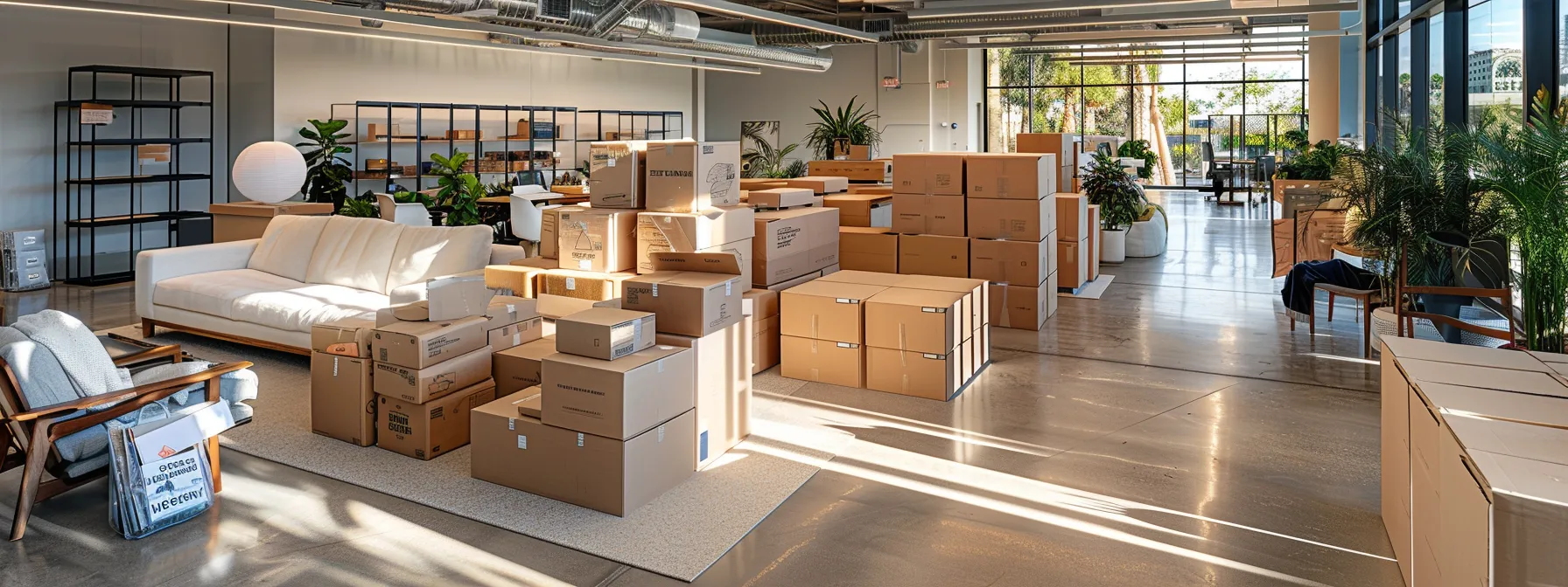 A Modern Office Space In Irvine, Ca Cluttered With Moving Boxes And Equipment As Professional Movers Efficiently Pack And Organize For Relocation.