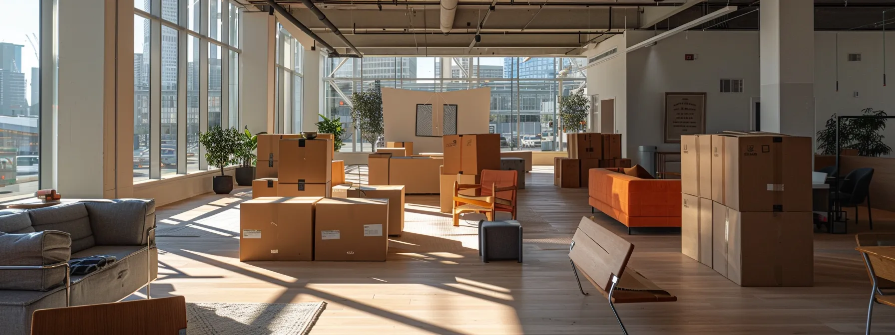 A Modern Office With Sleek Furniture And Moving Boxes, Ready To Be Relocated In Downtown San Francisco.