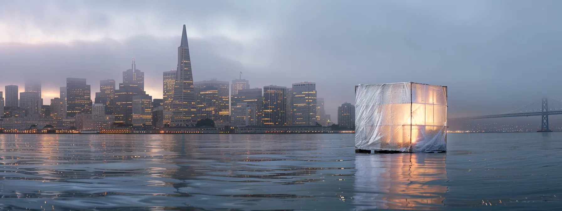 A Moving Box Sealed With Protective Plastic Wrap Against The Backdrop Of San Francisco's Iconic Foggy Skyline.