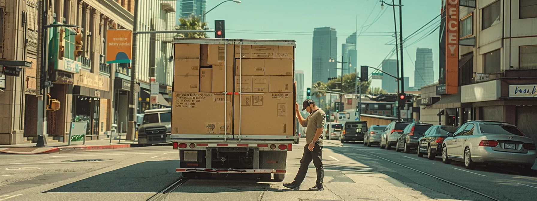 A Moving Company Employee Carefully Loading Boxes Into A Truck, With A Bustling Los Angeles Street In The Background.