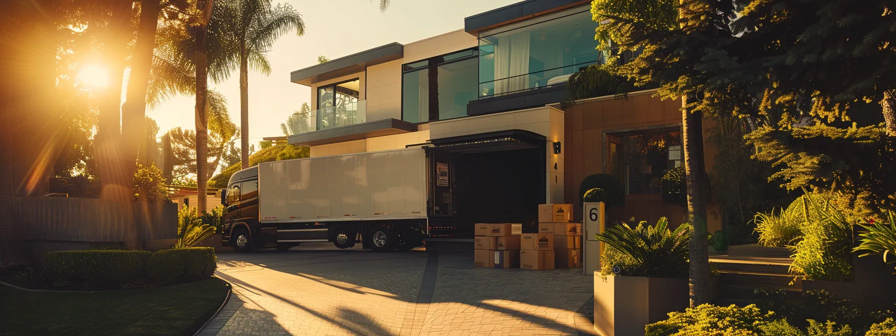 A Moving Company Truck Parked Outside A Modern Home In Irvine, Ca, Showcasing A Team Of Professional Movers Unloading Boxes Into The House.