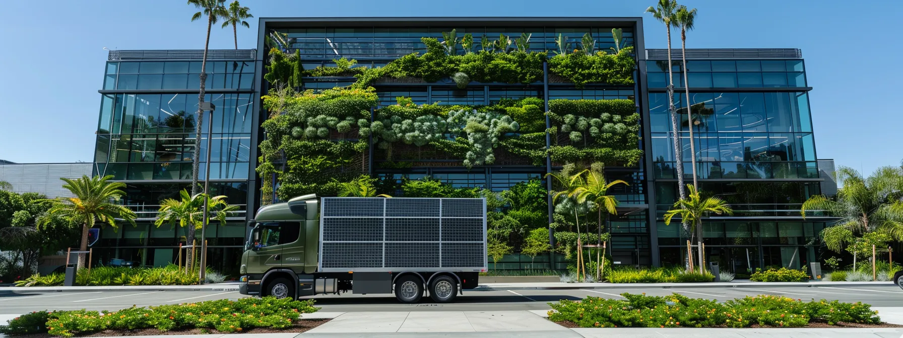 A Moving Truck Adorned With Vibrant Green Leaves And Solar Panels Parked In Front Of A Sleek Modern Office Building In Orange County.