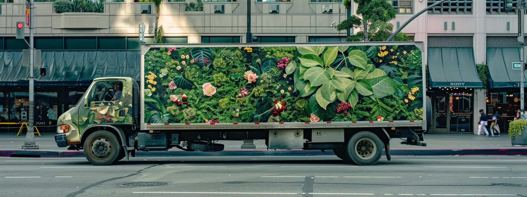 A Moving Truck Decorated With Vibrant Green Leaves And Flowers Driving Through The Bustling Streets Of Los Angeles, Showcasing Eco-Friendly Moving Options.