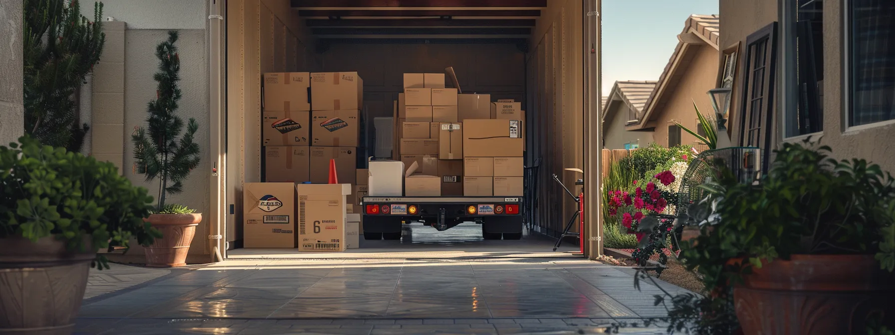 A Moving Truck Filled With Neatly Labeled Boxes, Packing Supplies, And A Team Of Movers Efficiently Wrapping Furniture In A Spacious Irvine, Ca Home.