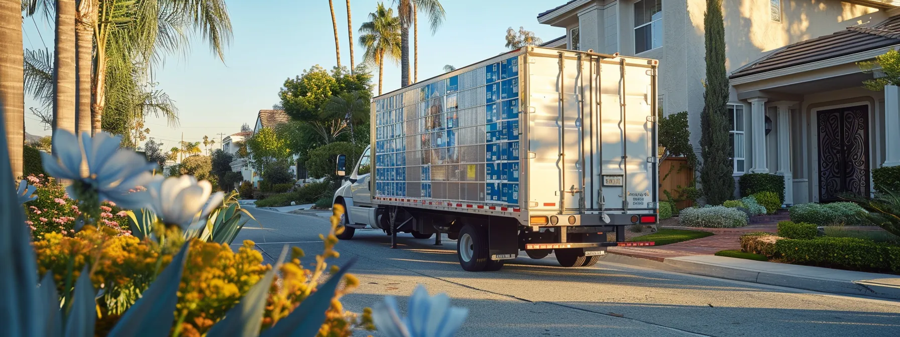 A Moving Truck Loaded With Biodegradable Packing Materials, Parked Outside A Bustling Eco-Conscious Moving Company In Orange County. (Scene Of: Green Moving Solutions)