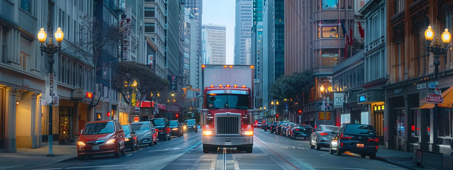 A Moving Truck Navigating Through The Bustling Streets Of Downtown San Francisco, Surrounded By Skyscrapers And Busy Traffic, Hinting At The Logistical Challenges Of Relocating In The City.