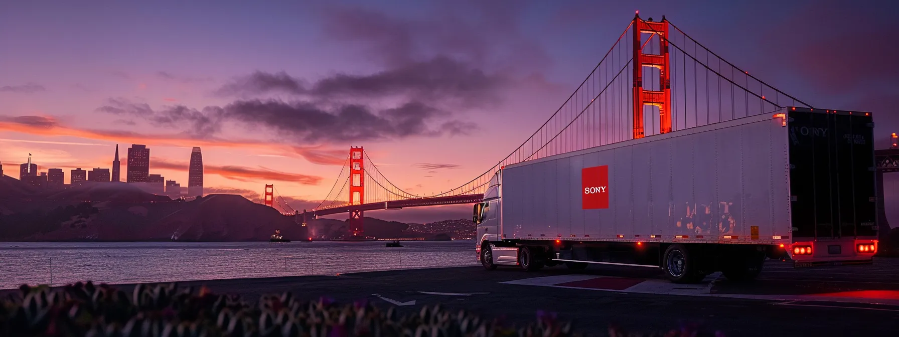 A Moving Truck Parked By The Iconic Golden Gate Bridge With The San Francisco Skyline In The Background.