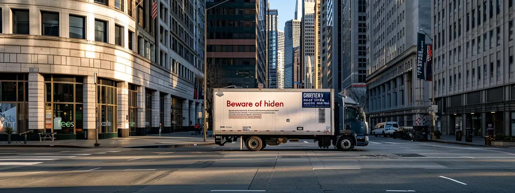 A Moving Truck Parked In Downtown San Francisco, Surrounded By Skyscrapers, Showcasing A Clear Sign Stating 