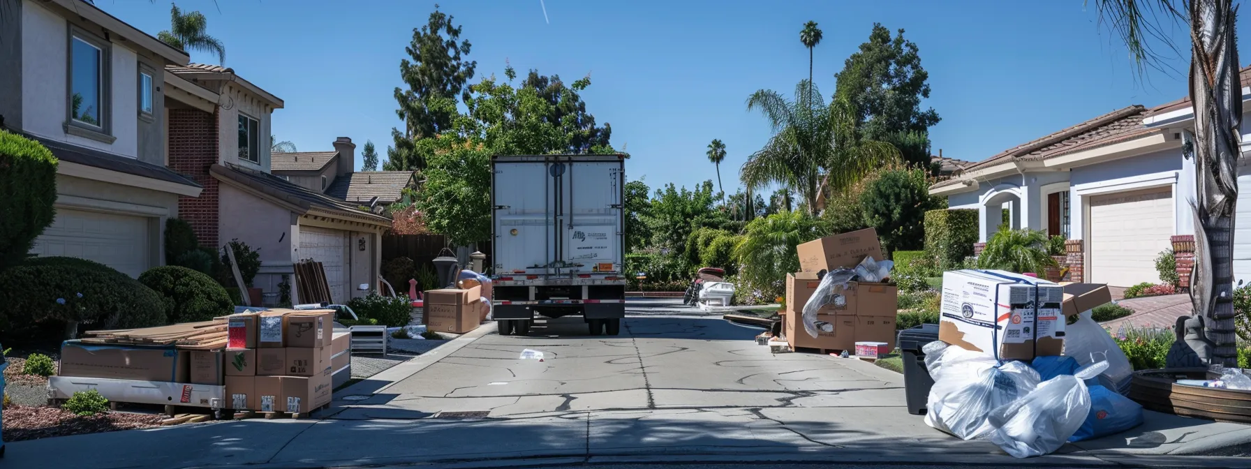 A Moving Truck Parked In Front Of A Suburban Home In Orange County, Showcasing Various Packing Materials And Equipment Scattered On The Driveway, With A Clear Blue Sky In The Background.