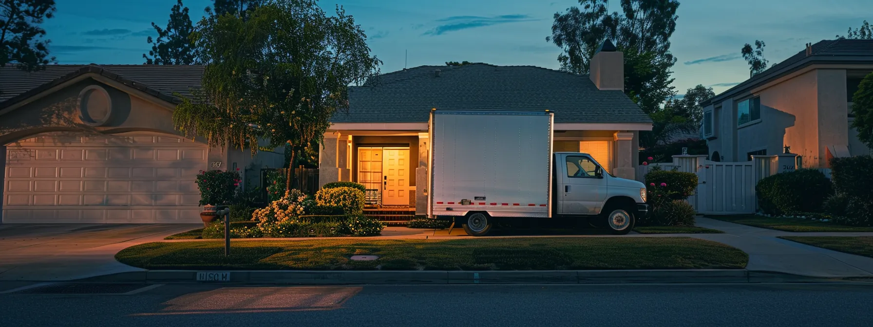 A Moving Truck Parked In Front Of A Suburban Home In Orange County, Showcasing An Insurance Certificate On The Dashboard.