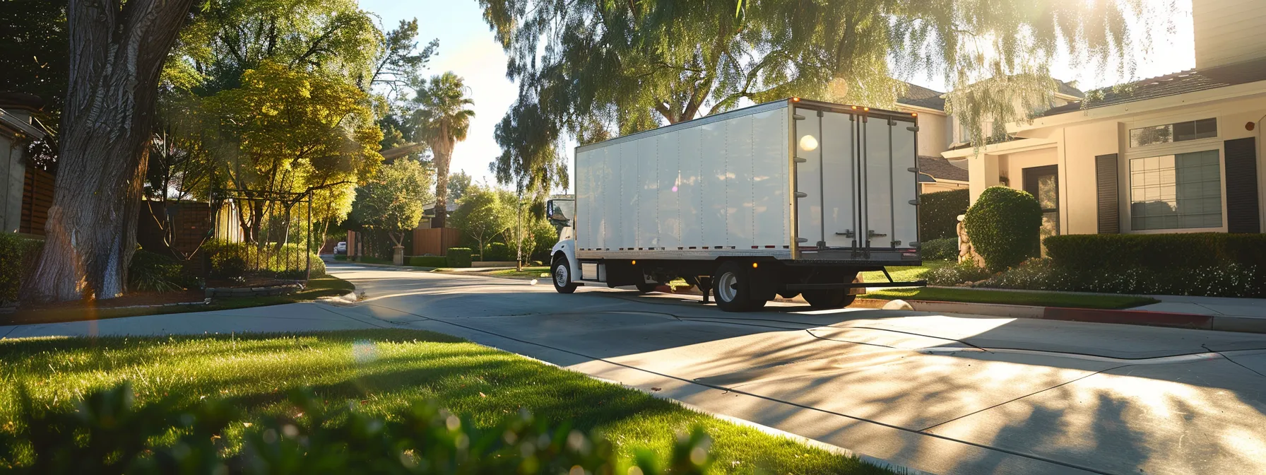 A Moving Truck Parked In A Driveway Under The Bright California Sun, Showcasing The Efficiency And Cost Considerations Of Urgent Moving Services In Irvine, Ca.