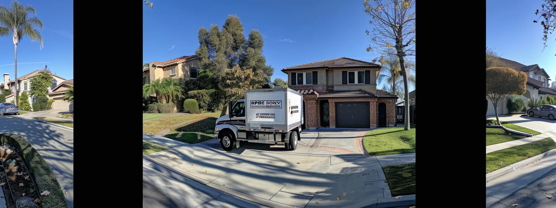 A Moving Truck Parked In Front Of A Cozy Home In Irvine, Ca, Showcasing Cost-Effective Moving Solutions.