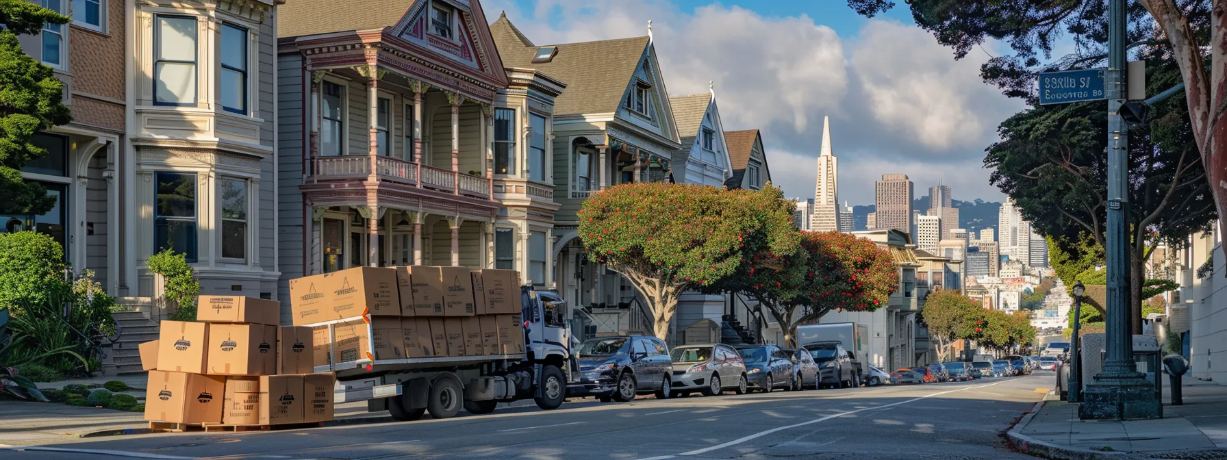 A Moving Truck Parked In Front Of A Charming Victorian House In San Francisco, With Boxes Stacked Neatly On The Sidewalk And A Bustling City Street In The Background.